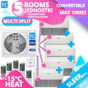AGREGAT HAIER 100M2 Wydajność grzania kW10.5, Wydajność chłodzenia kW10, Multi Split Jednostka zew. 5U105S2SS2FA, Liczba jednostek wew.5 PODSTROPOWO-PRZYPODŁOGOWY