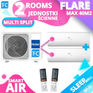 AGREGAT HAIER 40M2 Wydajność grzania kW4.4, Wydajność chłodzenia kW4.0, Multi Split Jednostka zew. 2U40S2SC1FA, Liczba jednostek wew.2 Naścienne FLARE