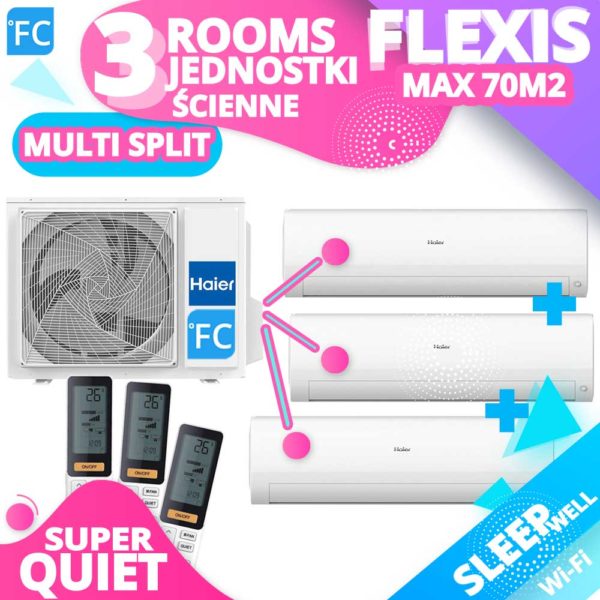 AGREGAT HAIER 70M2 Wydajność grzania kW8.6, Wydajność chłodzenia kW7.5, Multi Split Jednostka zew. 4U75S2SR2FA, Liczba jednostek wew.3 NAŚCIENNE FLEXIS