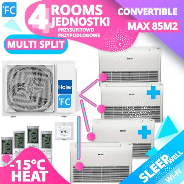 AGREGAT HAIER 85M2 Wydajność grzania kW5.7, Wydajność chłodzenia kW5.1, Multi Split Jednostka zew. 2U50S2SF1FA, Liczba jednostek wew.4 PRZYSUFITOWO-PODŁOGOWE