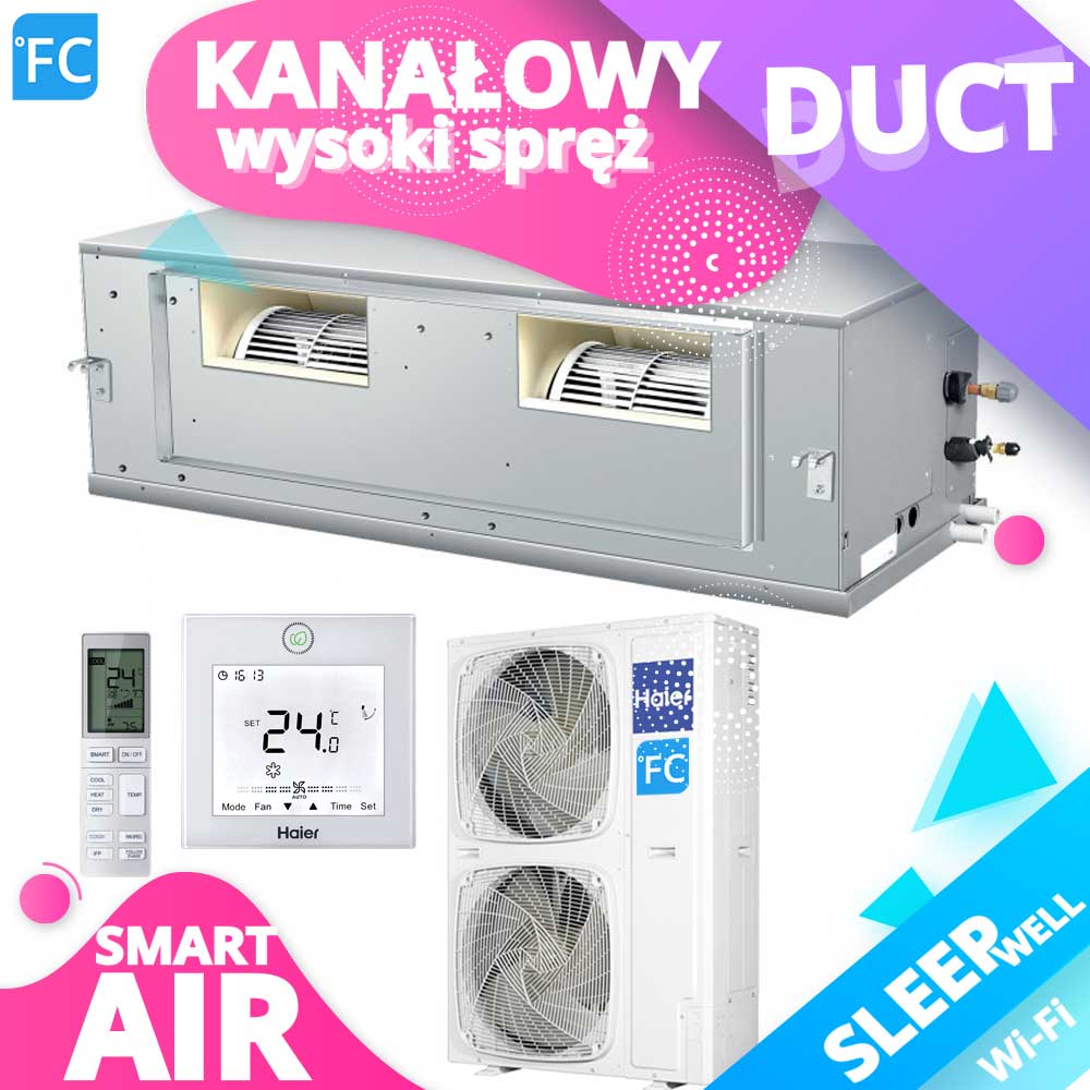 HAIER Kanałowy Slim wysoki spręż R32 12.0kW,12.1kW,13.4kW, 7 pomieszczeń 120m2 salon fryzjerski 130m2, piekarnia 130m2, apteka 120m2, kwiaciarnia 120m2, gabinety lekarskie, biur0 130