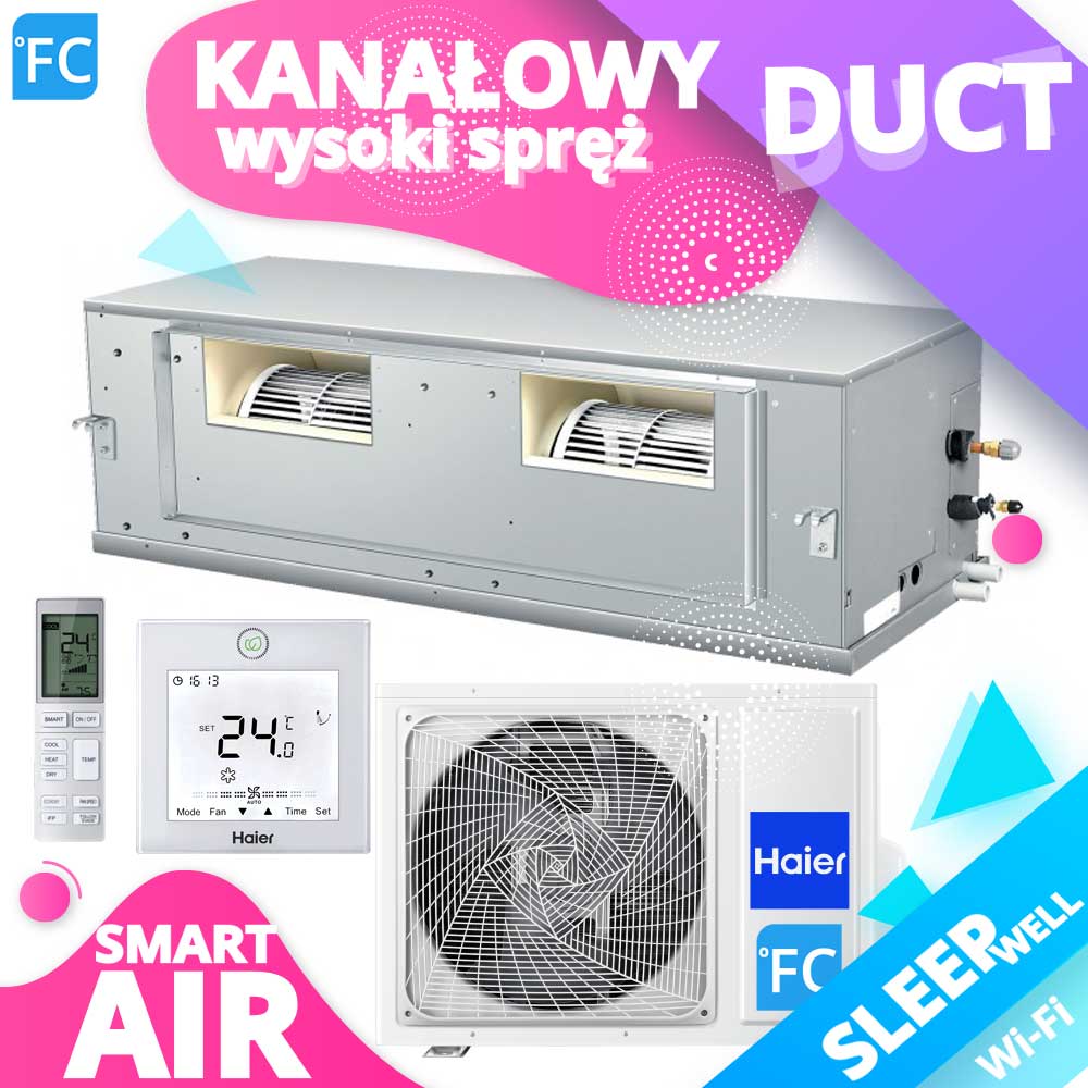 HAIER Kanałowy Slim wysoki spręż R32 12.0kW,12.1kW,13.4kW, 7 pomieszczeń 120m2 salon fryzjerski 130m2, piekarnia 130m2, apteka 120m2, kwiaciarnia 120m2, gabinety lekarskie, biur0 130,2