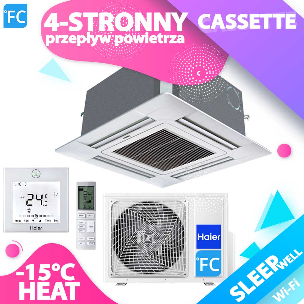 HAIER Kasetonowy A++ R32 4-stronny przepływ powietrza 3.5kW,5.0kW,7.1kW do mały salon fryzjerski 50m2, piekarnia 55m2, apteka 60m2, kwiaciarnia 70m2, małe gabinety lekarskie, małe biura