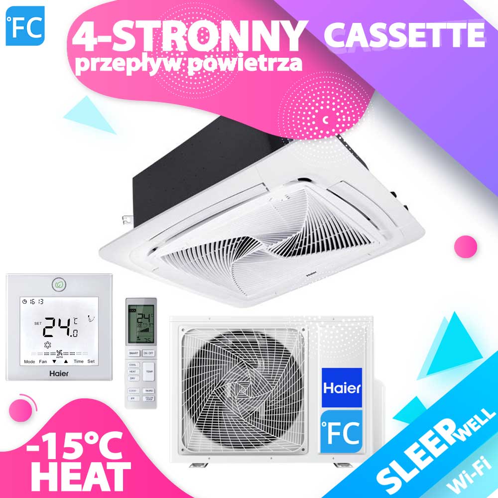 HAIER MINI Kasetonowy A++ R32 4-stronny przepływ powietrza 3.5kW,5.0kW,7.1kW do mały salon fryzjerski 50m2, piekarnia 55m2, apteka 60m2, kwiaciarnia 70m2, małe gabinety lekarskie, małe biura