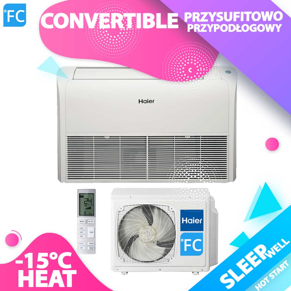 HAIER klimatyzator Przypodłogowo-sufitowy A++ R32 3.5kW, 5.0kW, 7.1kW do mały salon fryzjerski 50m2, piekarnia 55m2, apteka 60m2, kwiaciarnia 70m2, małe gabinety lekarskie, małe biura