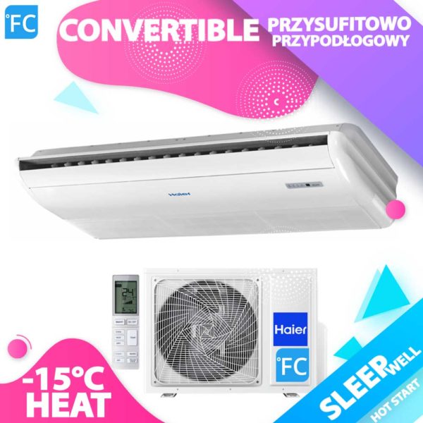 HAIER klimatyzator Przypodłogowo-sufitowy A++ R32 3.5kW, 5.0kW, 7.1kW do mały salon fryzjerski 50m2, piekarnia 55m2, apteka 60m2, kwiaciarnia 70m2, małe gabinety lekarskie, małe biura